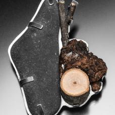 Hand fabricated brooch in sterling silver with rock and burl wood