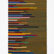 handweaving depicting many horizontal lines of color of differing lengths, but aligned to the right.