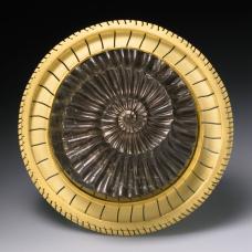 brooch-hand fabricated in 18k  22k and fossil pyrite ammonite