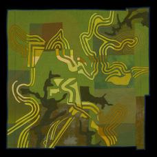 Appliqued a quilted wall hanging depicting an aerial view of a landscape. Primarily in greens, browns, and yellows. 