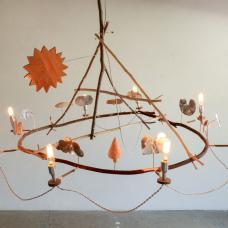 Rousseau Chandelier fixtures reclaimed wood  found branches  carved details  white twist cord  hammered silver reflectors and candelabras