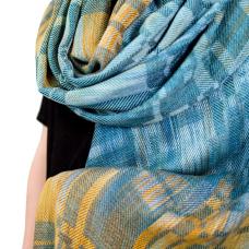 Handwoven shawl  hand painted warp and hand dyed tencel a sustainable yarn from Eucalyptus trees. Woven in original pattern on a floor loom. Colors and pattern pay homage to the Blue Earred Kingfisher with vibrant oranges blues and teal.