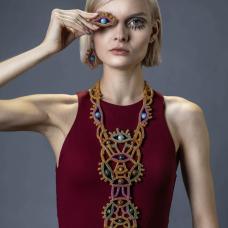 Created in the occasion of the art exhibit at NYCJW 2023  &amp;quot;A history of revolutions&amp;quot;  curated by the Ilias Lalaounis Jewelry Musuem. This jewelry set with necklace and earrings is inspired by traditional Greek chest ornaments  and refers to the Social Media revolution. The neckpiece measures 30 inches in length and it comes with a sturdy magnetic closure. Handwoven with fine Japanese seed beads  24K gold plated beads  and semi precious stones. Earrings with aquamarine stones are matching the neckpiece.