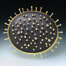 brooch-hand fabricated in colored 18k golds  22k  Russian jet and diamonds.