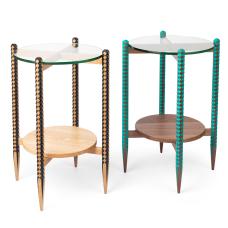 Sidetable - one of them made from walnut  the other from oak wood. The legs are mostly carved on the bandsaw  some details carved by hand. The carvings were then inlaid with paint to make the pattern pop. Lower shelf made from the same type of hardwood as legs  the top shelf is tempered glass