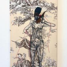 embroidered bird person on  vintage toile decor fabric.