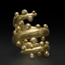 carved 18k gold seaweed spiral ring with diamonds