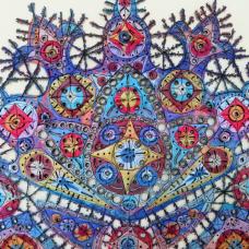 Detail of piece made up of colorful geometric designs connected to each other embellished with thread.