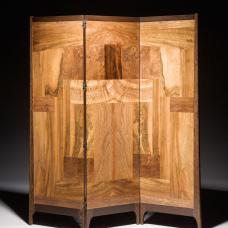 Working with highly figured walnut veneers that I'd been saving for over 30 years  I explored many potential layouts before arriving at the right balance of form and pattern. European Walnut Veneers  Claro Walnut  Torrified Maple  Stainless steel  Shellac  Wax.