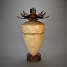 Hollowed out Ash Vessel with Walnut Contemporary Lotus Blossom &amp;amp; Walnut Base  topped with 2.5\&amp;quot; Glass Sphere.
