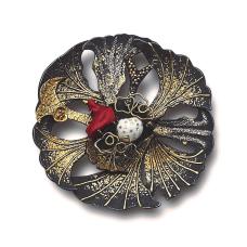 Crafted with 18k  22k  and 24k gold  and platinum fused on oxidized sterling silver  accompanied by coral  ivory  and shakudo. This piece epitomizes artistry and sophistication.