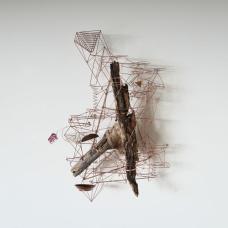 Wall-mounted copper wire and wood kinetic sculpture. To activate  steel marbles can be dropped into the top of the sculpture. The marbles roll down the track which splits and dumps the balls into the copper bowl. kiln-fired enamelled copper and sheetmetal make up part of the interactive elements.