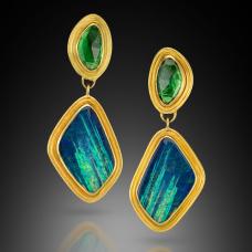 Earrings  hand fabricated  fused  with 22k gold. Set with a pair of Australian opals and rose cut tsavorite garnets.