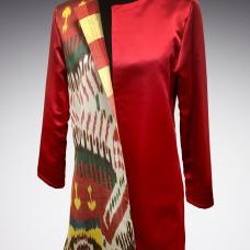 red jacket with one panel of bold pattern